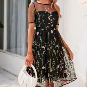 NWT Laklook Sz M Dark Blue/Navy Floral Sheer OverlayEmbroidered Dress